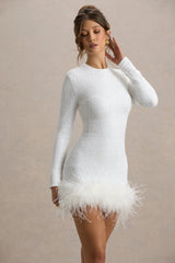 Claudia | White Sequin High Neck Feather Hem Mini Dress With Long Sleeves