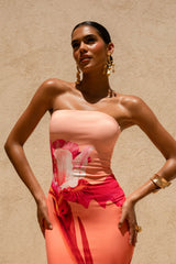 Ceremony | Pink Ombre Floral Print Bandeau Fishtail Maxi Dress