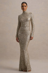 Galaxy | Champagne Sequin Turtle-Neck Long-Sleeve Maxi Dress