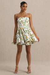 Valerian | Lemon Floral Print Bandeau Mini Dress With Ruffle Hem