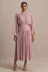 Annabel | Dusty Pink High-Neck Midi Dress With Pleating