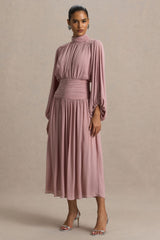 Annabel | Dusty Pink High-Neck Midi Dress With Pleating