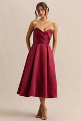 Promises | Red Satin Sweetheart-Neck Midi Dress