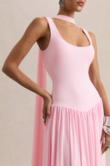 Aurina | Pink Square-Neck Maxi Dress With Cape