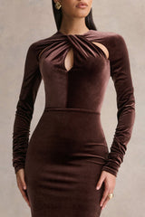 Francine | Brown Velvet Round-Neck Midi Dress With Cut-Out Details