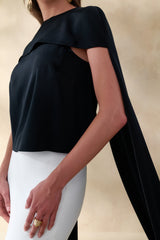 Aetheria | Black Satin High-Neck Top With Cape