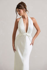 Carolyn | Ivory Satin Plunge Maxi Dress With Dipped Hem