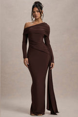 Valina | Brown Ruched Asymmetric Maxi Dress With Drape