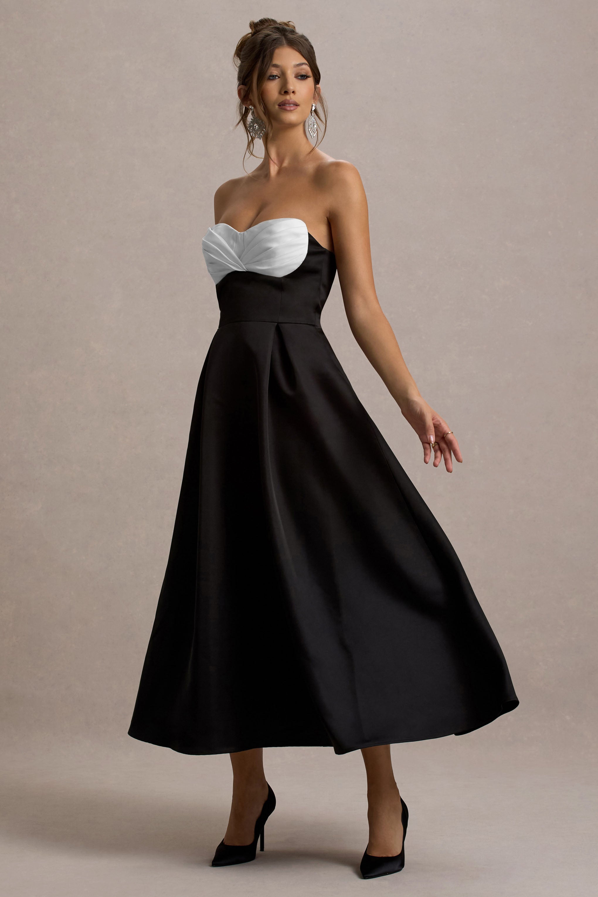 Wintour | Black Satin Sweetheart Midi Dress