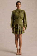 Imma | Olive High-Neck Mini Dress With Ruffled Detailing