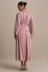 Annabel | Dusty Pink High-Neck Midi Dress With Pleating