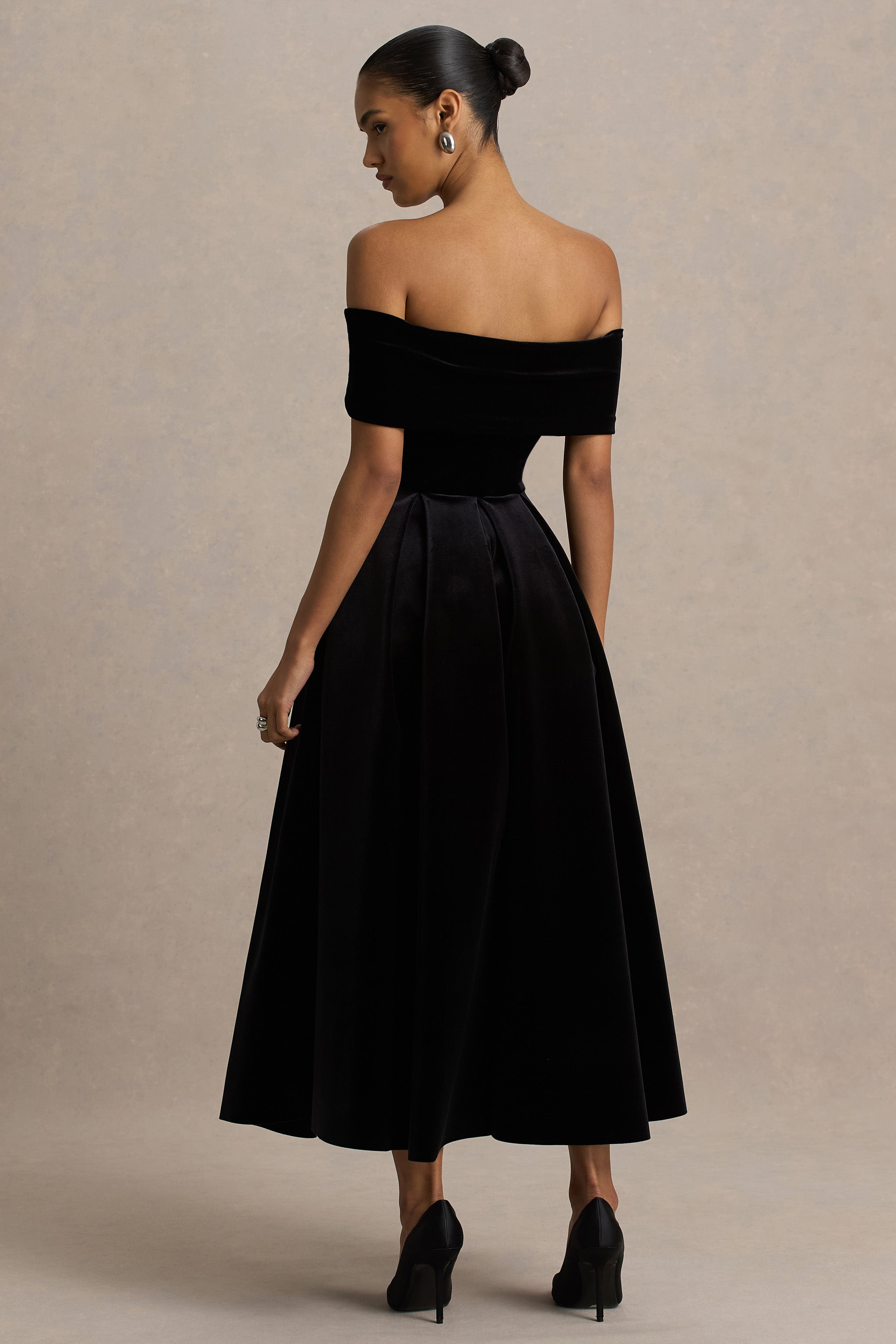 Ablaze | Black Velvet Bardot-Neck Midi Dress