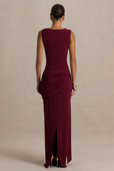 Decadence | Burgundy High-Neck Wrapped Maxi Dress With Twist-Sleeve