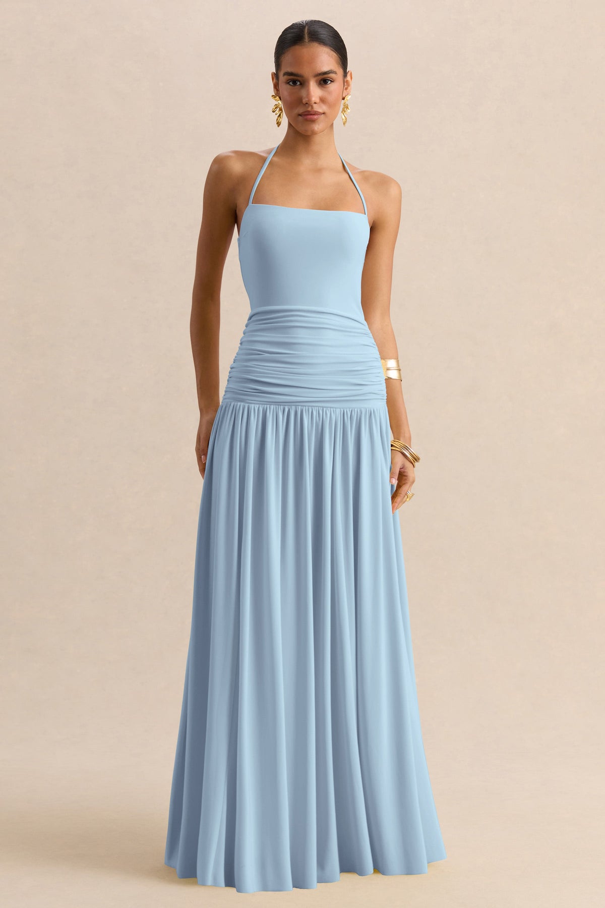 Nicolette | Powder Blue Square-Neck Maxi Dress With Ruched-Detailing