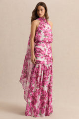 Veronique | Pink Hibiscus Floral Halter-Neck Maxi Dress