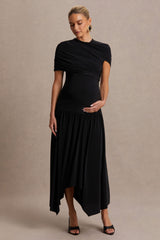 Eleni | Black Crew-Neck Maxi Dress With Cape-Sleeves And Drop Waist