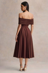 Dearest | Brown Bardot-Neck Midi Dress